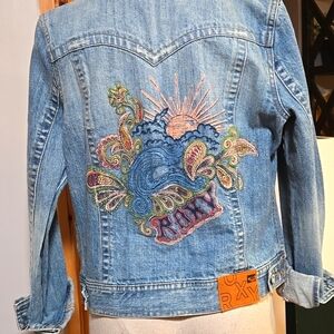 Roxy Denim Y2K Distressed Painted Yoke Back Denim Jacket Cotton Womens Size L
